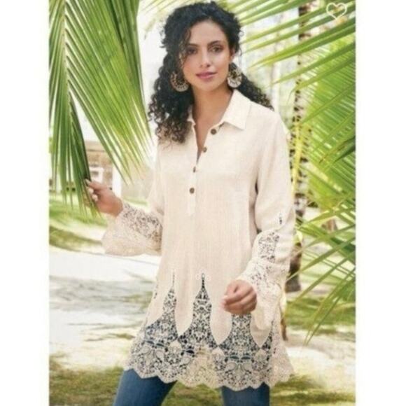 Soft Surroundings Size L Jiada Gauze Tunic Cream Crochet Lace Boho Indie Cottage - Picture 1 of 6